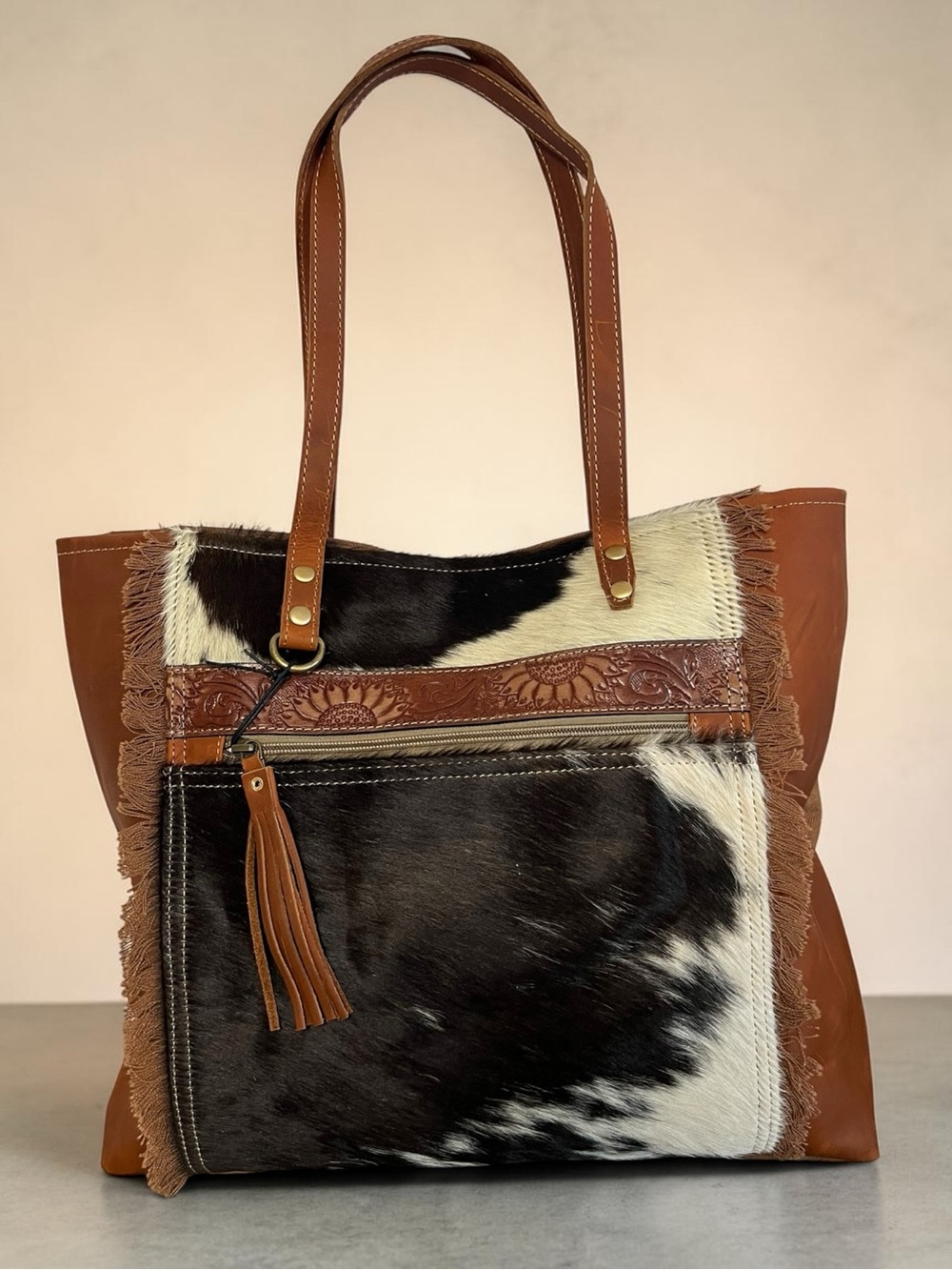 Myra Cowhide Tooled Leather Tote Bag Western Boho Floral Fringe Shoulder Bag - Picture 8 of 12